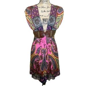 Sky Brand Silk Deep V-Neck Dress Pink Paisley Leather Belt L